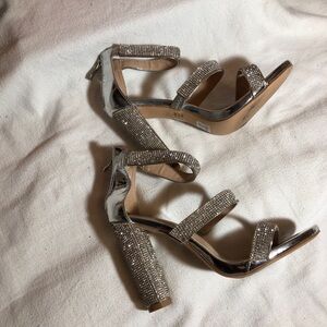 Windsor Silver Strapped High Block Rhinestone Heel Size 7.5